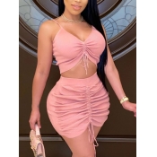 Lovely Sexy Ruched Drawstring Pink Two Piece Skirt