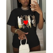Lovely Plus Size Casual Letter Leopard Print Black