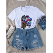 Lovely Sweet Face Flag Print Patchwork White T-shi