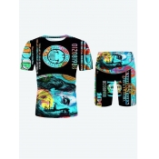 LW Men Street Portrait Letter Print Black Two Piec