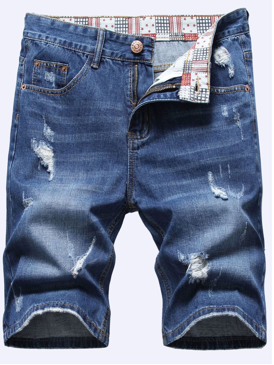 LovelyWholesale Men Casual Mid Waist Ripped Blue Denim Shorts Summer Casual Ripped Spring Summer 2024