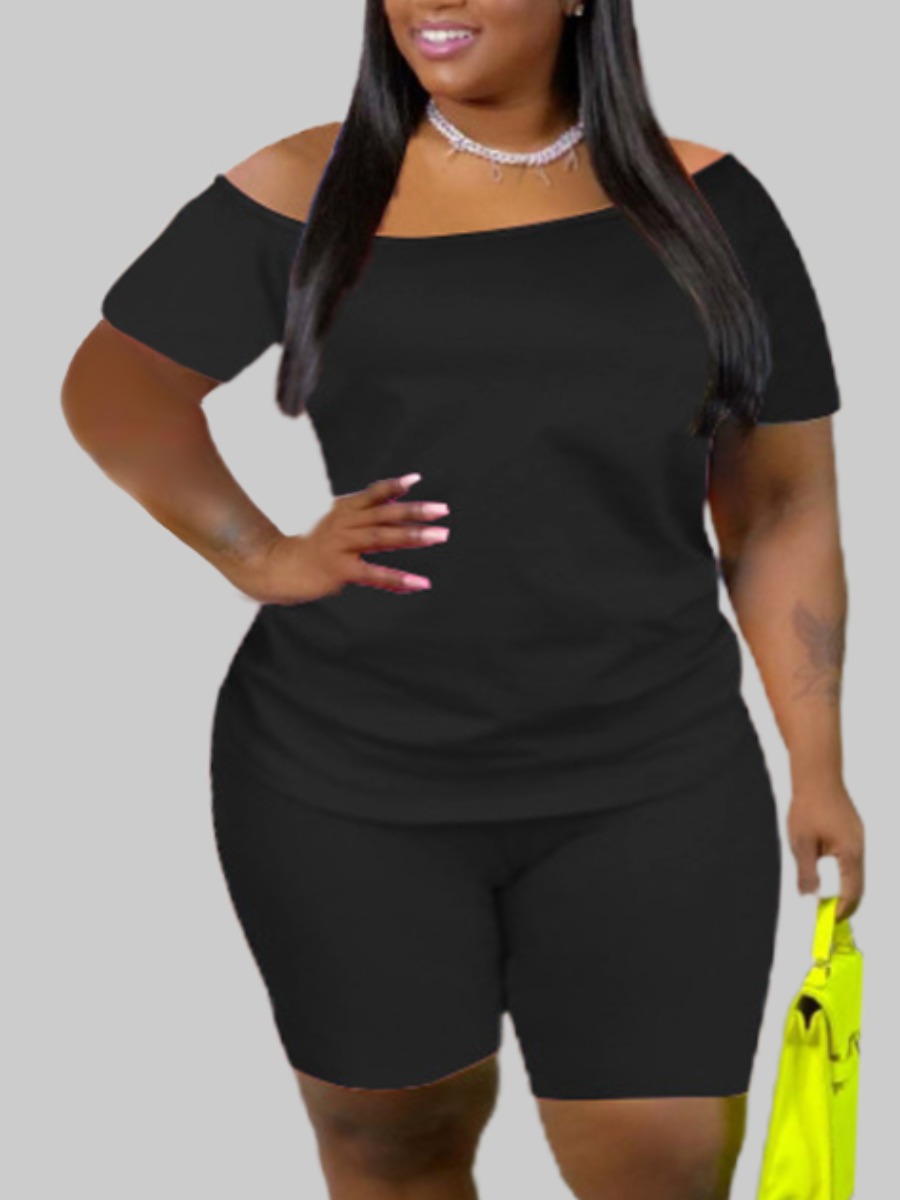LovelyWholesale Plus Size Casual Boat Neck Elastic Black Two-piece Shorts Set Summer Short Sleeve Casual Basic Bateau Neck  M Spring Summer 2024