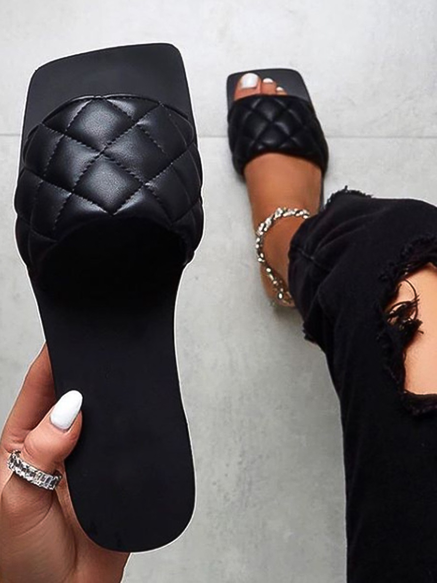 LW Casual Plaid Pattern Black Slides