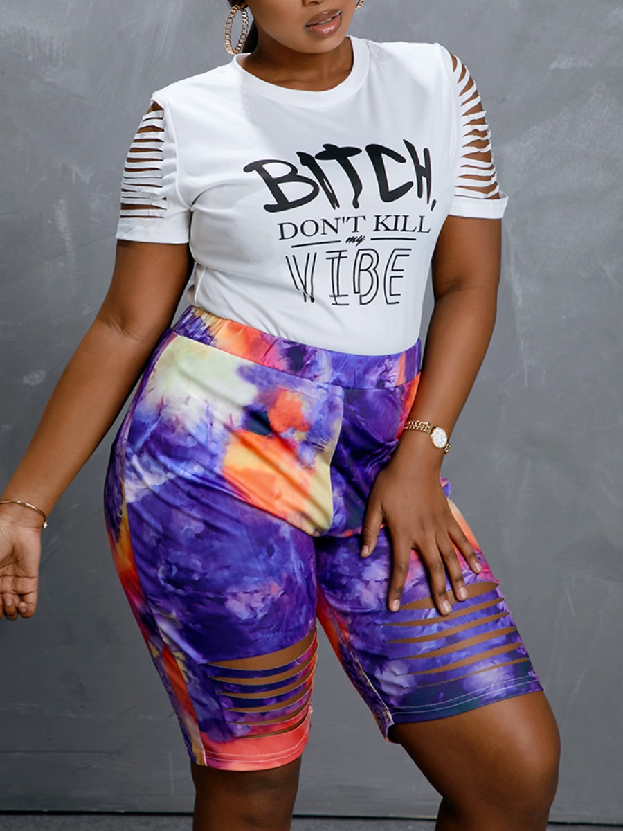 Lovely Street Letter Print Ripped Tie-dye Purple Plus Size Two-piece Shorts Set 5X