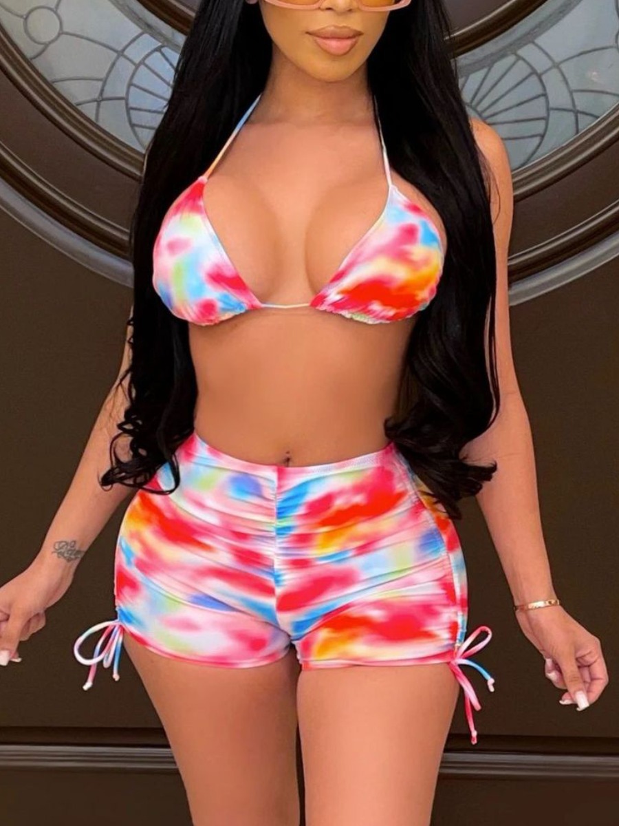 Lovely Sexy Tie Dye Drawstring Multicolor Two Piece Shorts Set