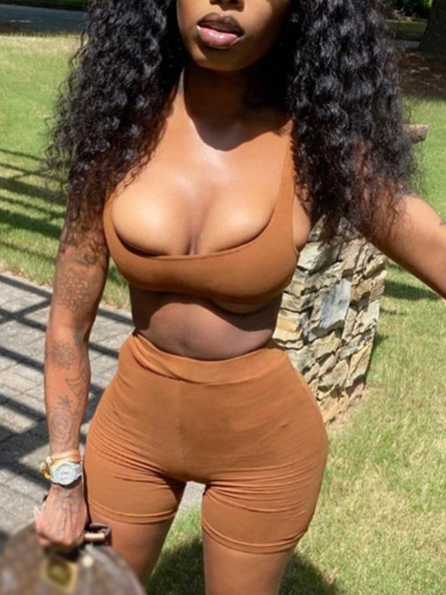 LovelyWholesale Casual U Neck Basic Skinny Brown Two Piece Shorts Set Summer Sleeveless Casual Vests U Neck Spring Summer 2024