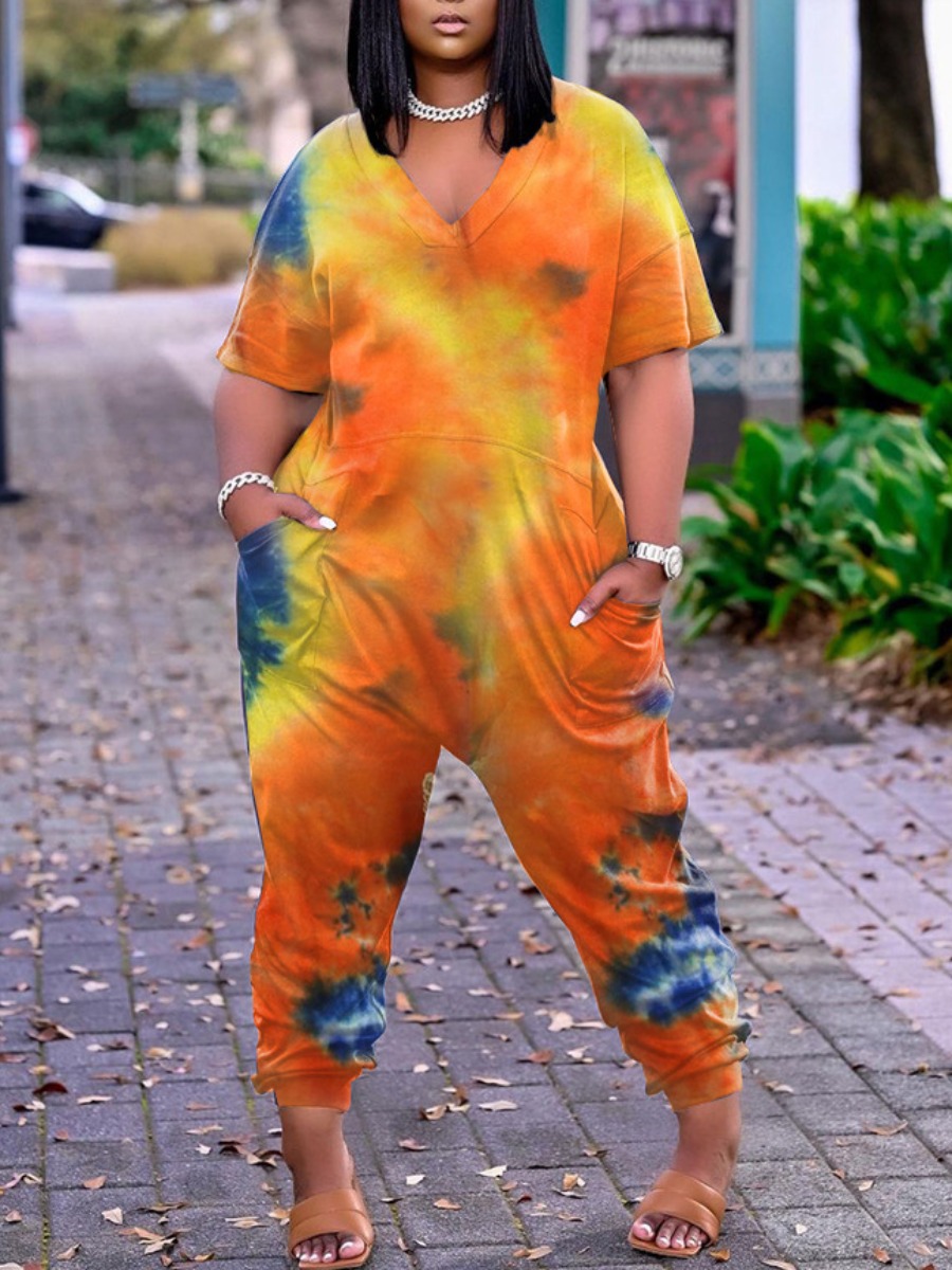 LW Plus Size Street Dropped Shoulder Tie-dye Orange One-piece Jumpsuit