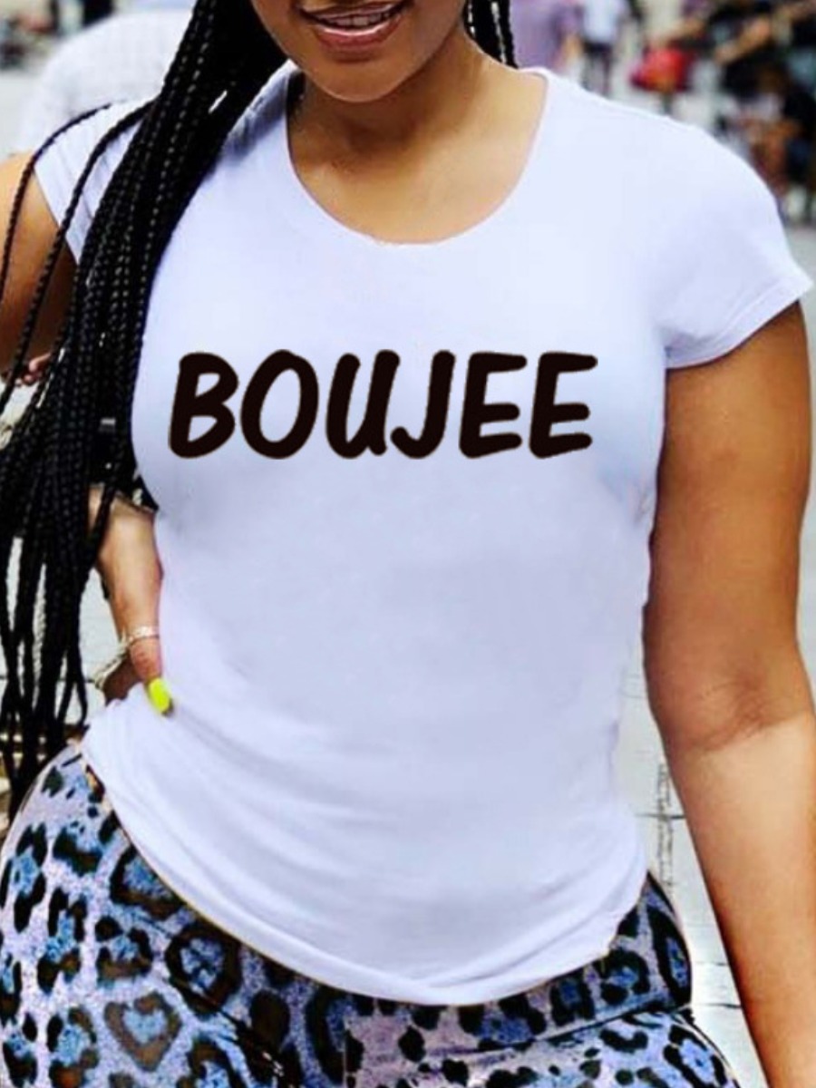 LW Plus Size Casual O Neck Letter Print White T-shirt