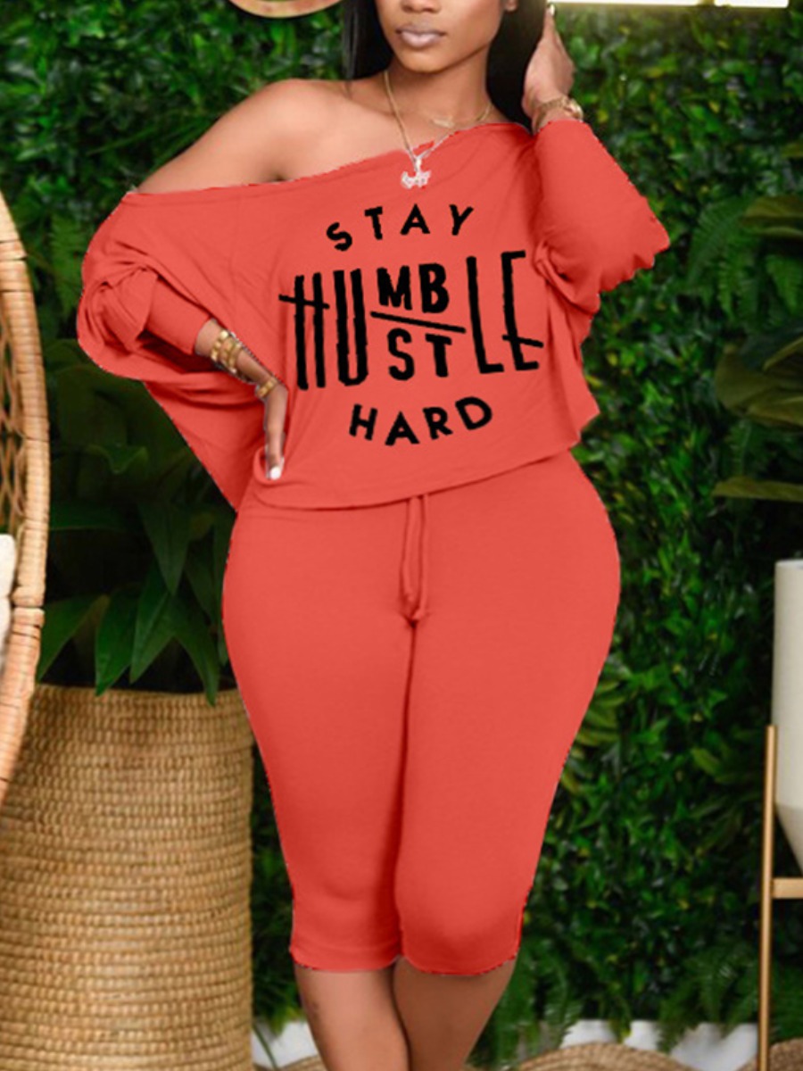 LW COTTON Plus Size Casual Batwing Sleeve Letter Print Croci Two-piece Shorts Set