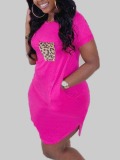 LW Plus Size Casual O Neck Leopard Print Light Pink Knee Length Dress