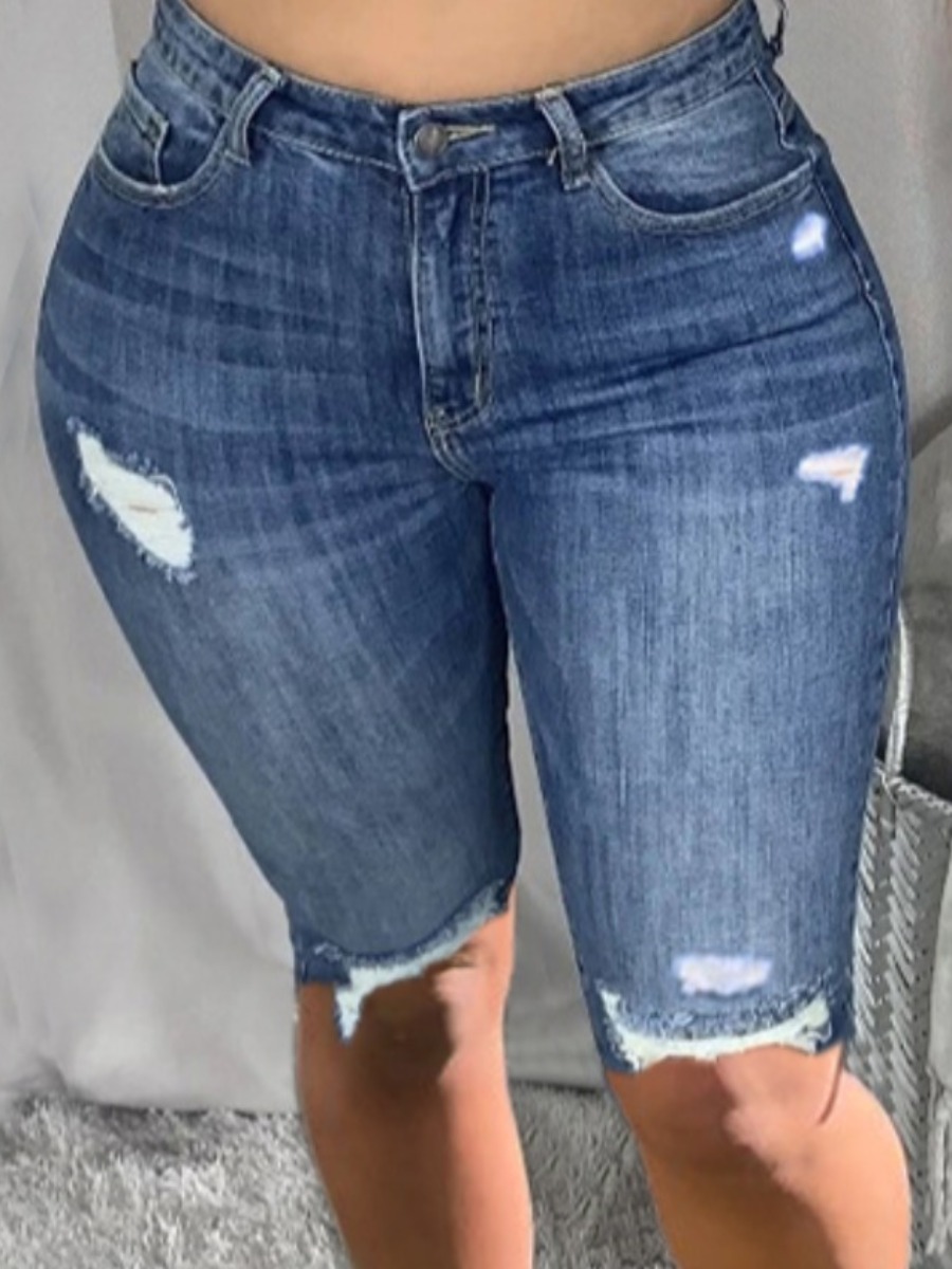 LW Plus Size Street High-waisted Ripped Deep Blue Denim Shorts