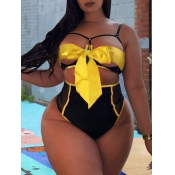 LW SXY Plus Size Striped Bow-tie Decoration Yellow