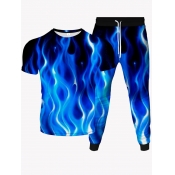 Lovely Men Street Flame Print Drawstring Blue Two 