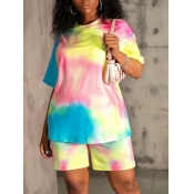 LW Casual O Neck Tie-dye Multicolor Two Piece Shor