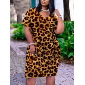 LW Casual V Neck Leopard Print Knee Length Dress