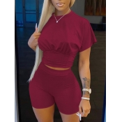 LW Sporty O Neck Basic Skinny Wine Red Two Piece S