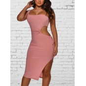 Lovely Sexy One Shoulder Hollow-out Split Pink Kne