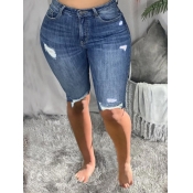 LW Casual High-waisted Ripped Deep Blue Denim Shor