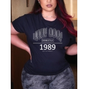 LW PStreet O Neck Letter Print Black T-shirt