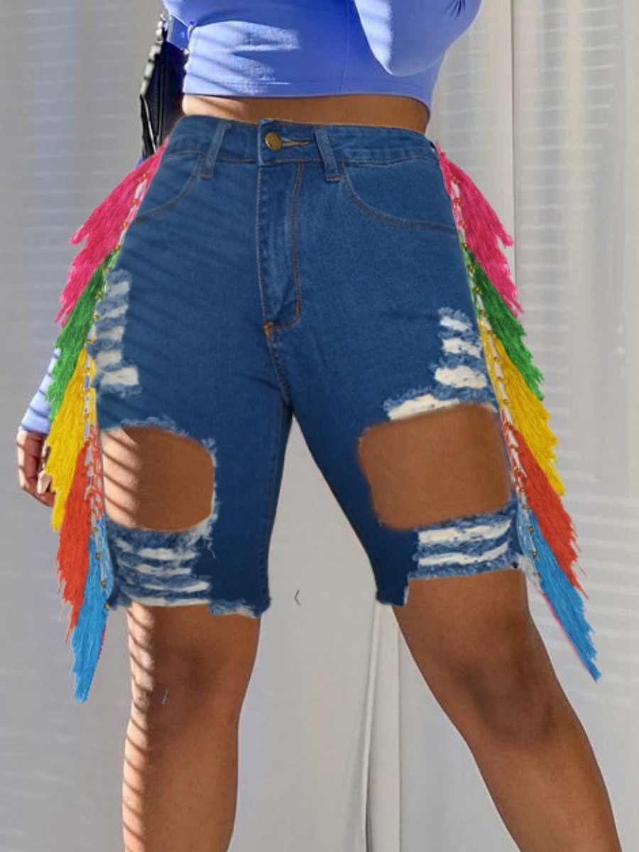 LW Street Stretch Ripped Tassel Design Deep Blue Denim Shorts