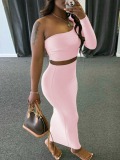 LW Sweet One Shoulder Basic Skinny Pink Two Piece Skirt Set