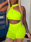 LW Casual One Shoulder Crop Top Green Two Piece Shorts Set