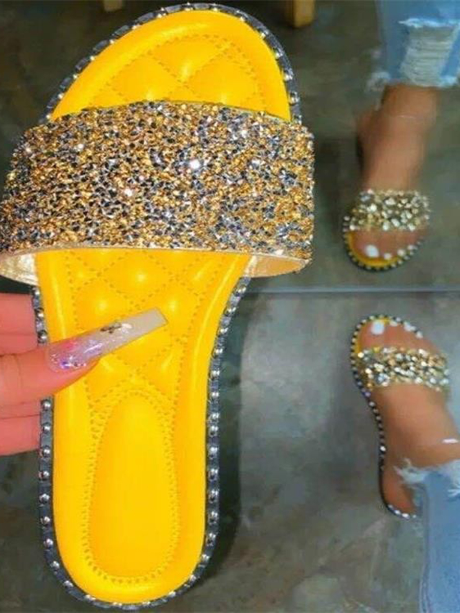 LovelyWholesale Street Sequined Yellow Slides Summer Casual Asymmetrical Spring Summer 2024