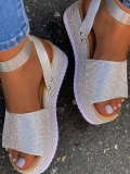 LW Street Sequined Buckle Design Silver Platform Sandals