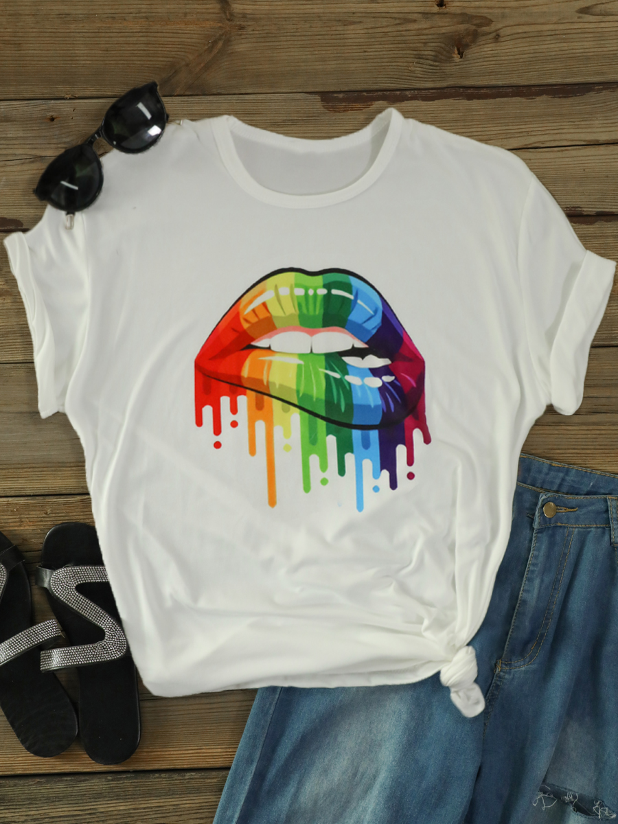 LW Plus Size Leisure O Neck Lip Print White T-shirt