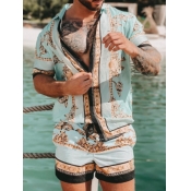 LW Men Boho Print Patchwork Baby Blue Two Piece Sh