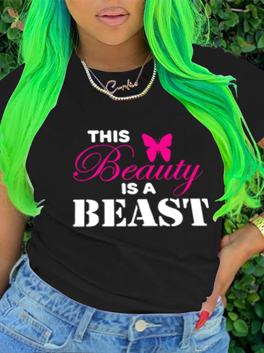 LovelyWholesale Plus Size Casual Butterfly Letter Print Black T-shirt Summer Short Sleeve Casual Basic Round Neck  5X Spring Summer 2024
