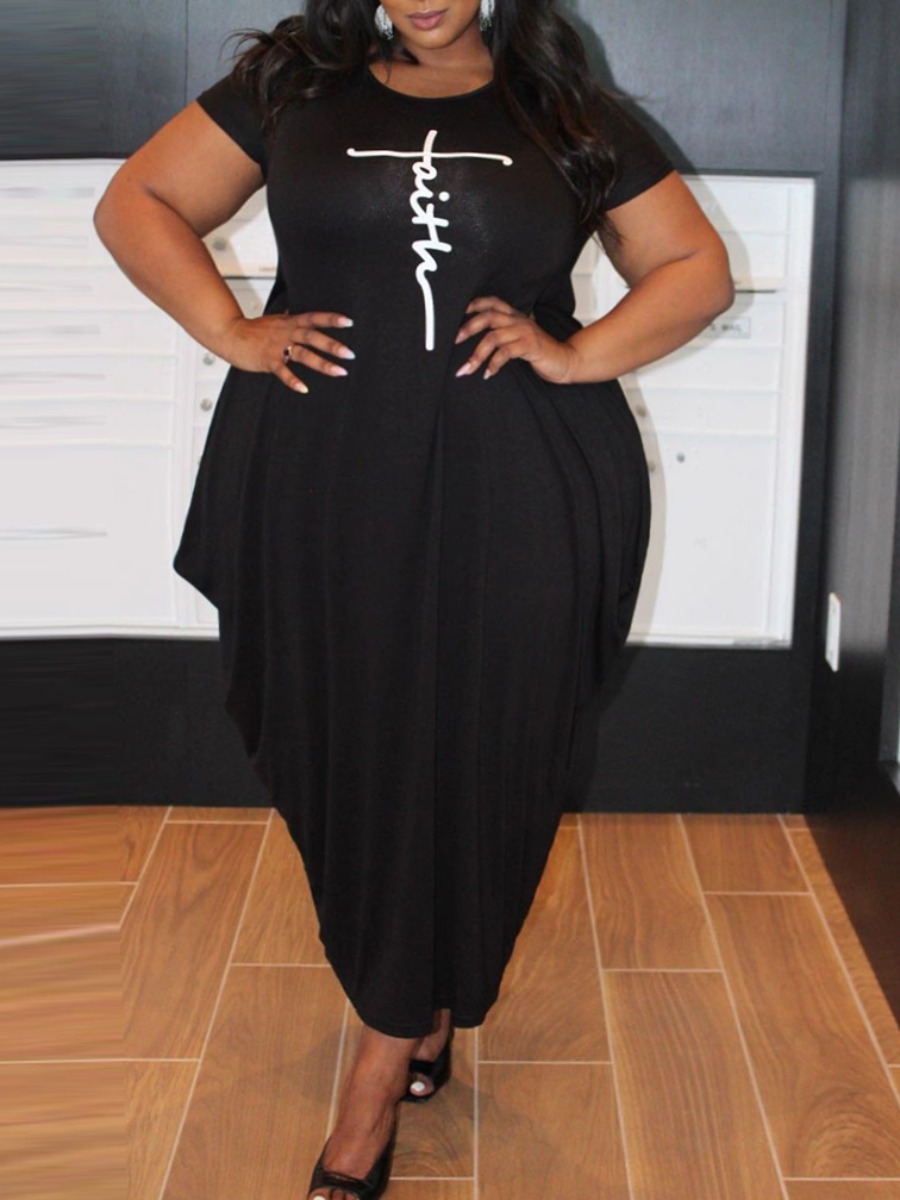 LW Plus Size Casual Letter Print Fold Design Black Ankle Length Dress