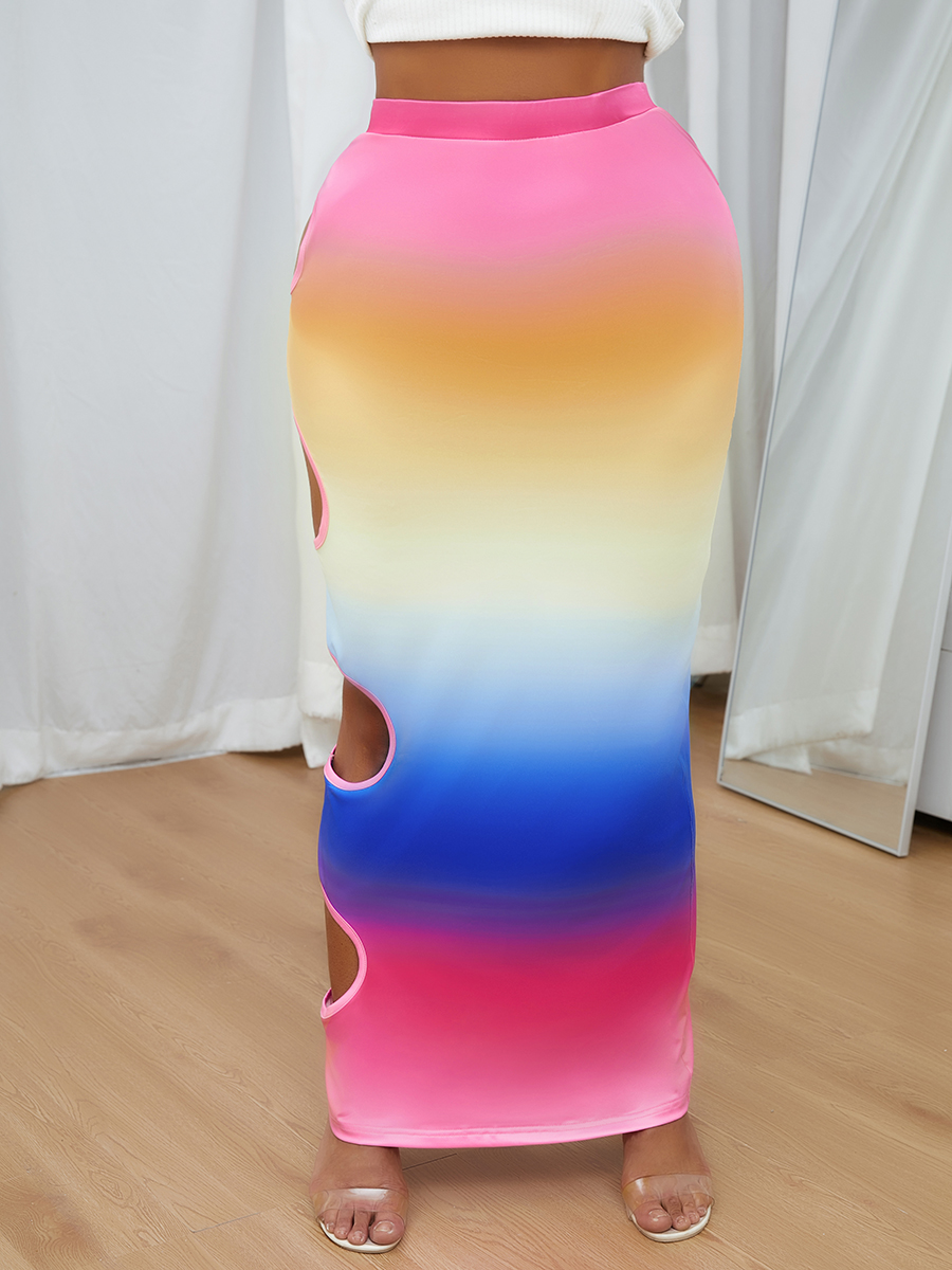LW Casual Gradient Hollow-out Multicolor Ankle Length Dress