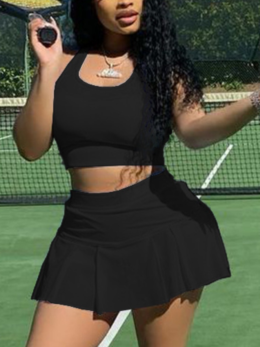 LovelyWholesale Sporty U Neck Flounce Design Black Two Piece Skirt Set Summer Sleeveless Casual Ruffle U Neck Spring Summer 2024