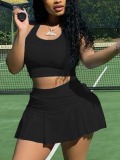 LW Sporty U Neck Flounce Design Black Two Piece Skirt Set