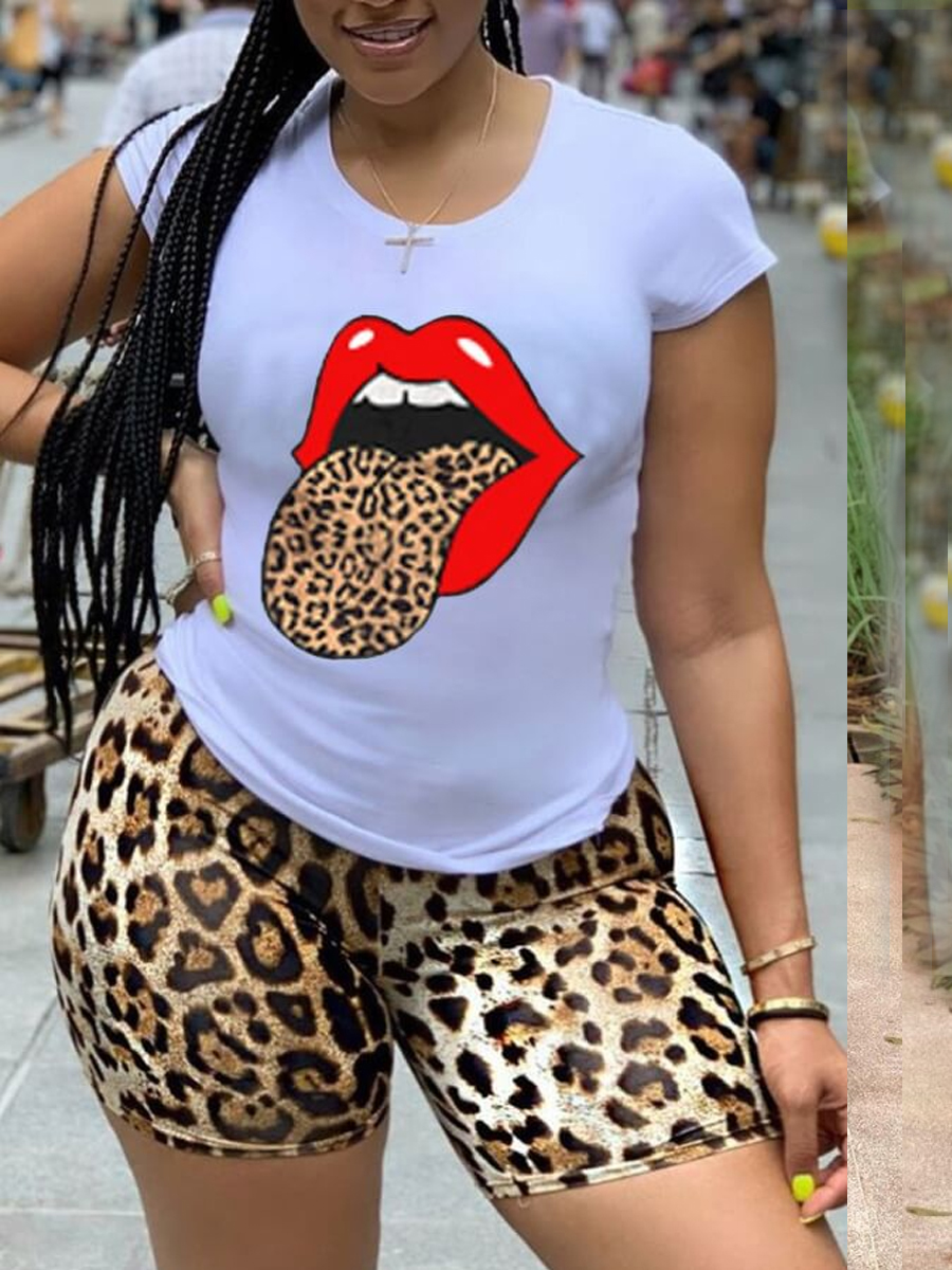 LW Leisure Lip Print Yellow Two-piece Shorts Set