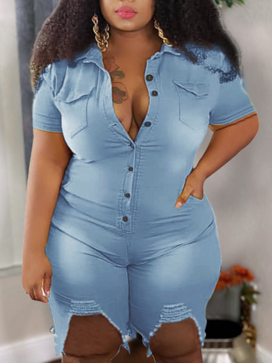 LW Plus Size High Stretchy Ripped Button Design Denim Romper