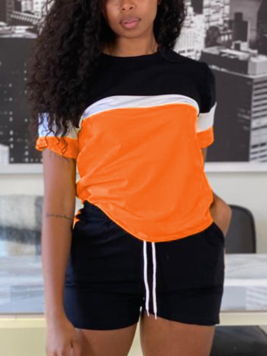 LW Street Color-lump Drawstring Orange Two Piece Shorts Set
