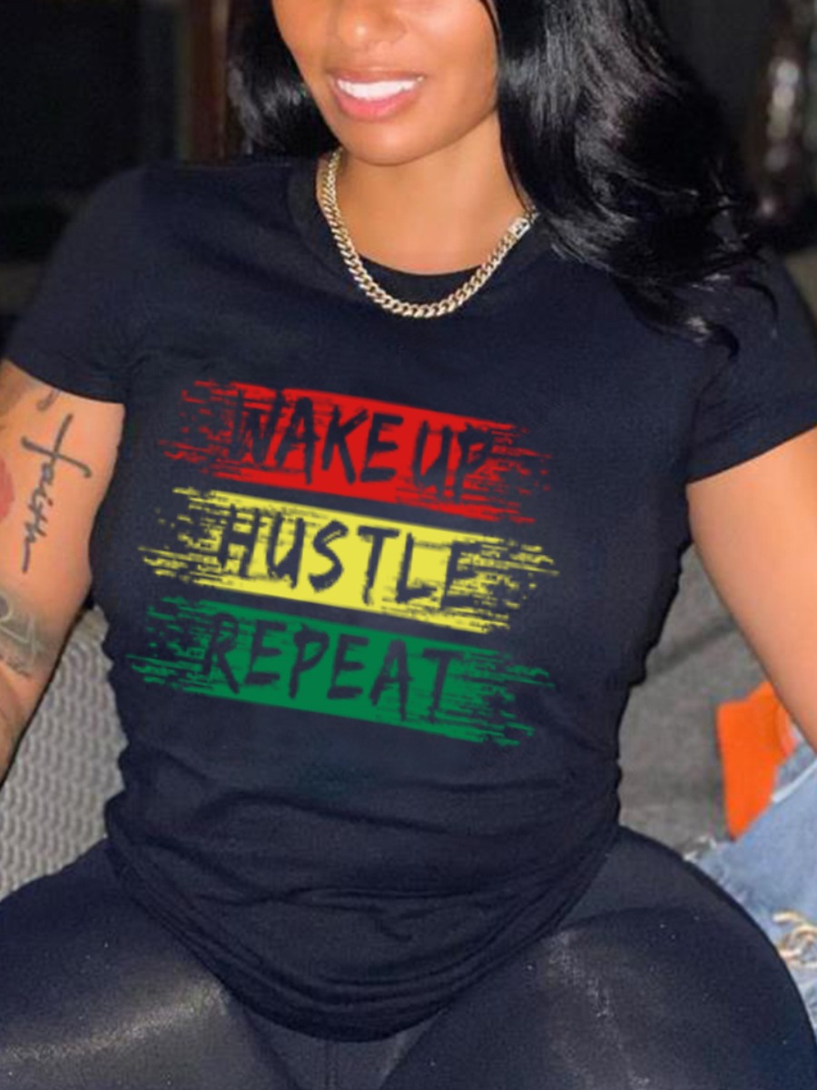 LovelyWholesale Round Neck Letter Print T-shirt Summer Short Sleeve Casual Round Neck Spring Summer 2024