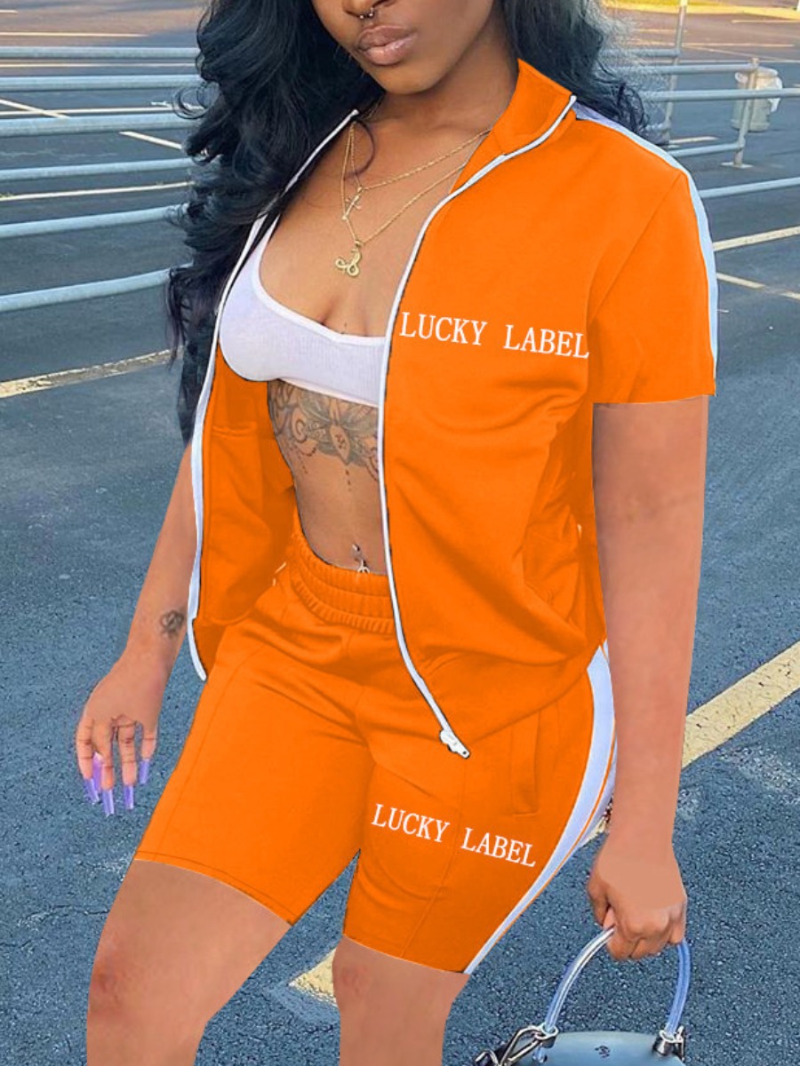 LovelyWholesale Sporty Letter Print Striped Croci Active Two Piece Shorts Set Summer Short Sleeve Sporty Patchwork Turndown Spring Summer 2024