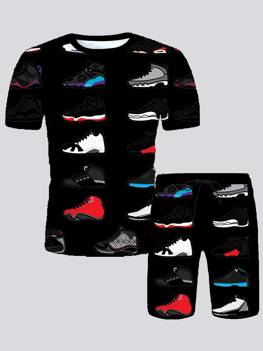 LW Men Street Shoe Print Drawstring Black Two Piece Shorts Set