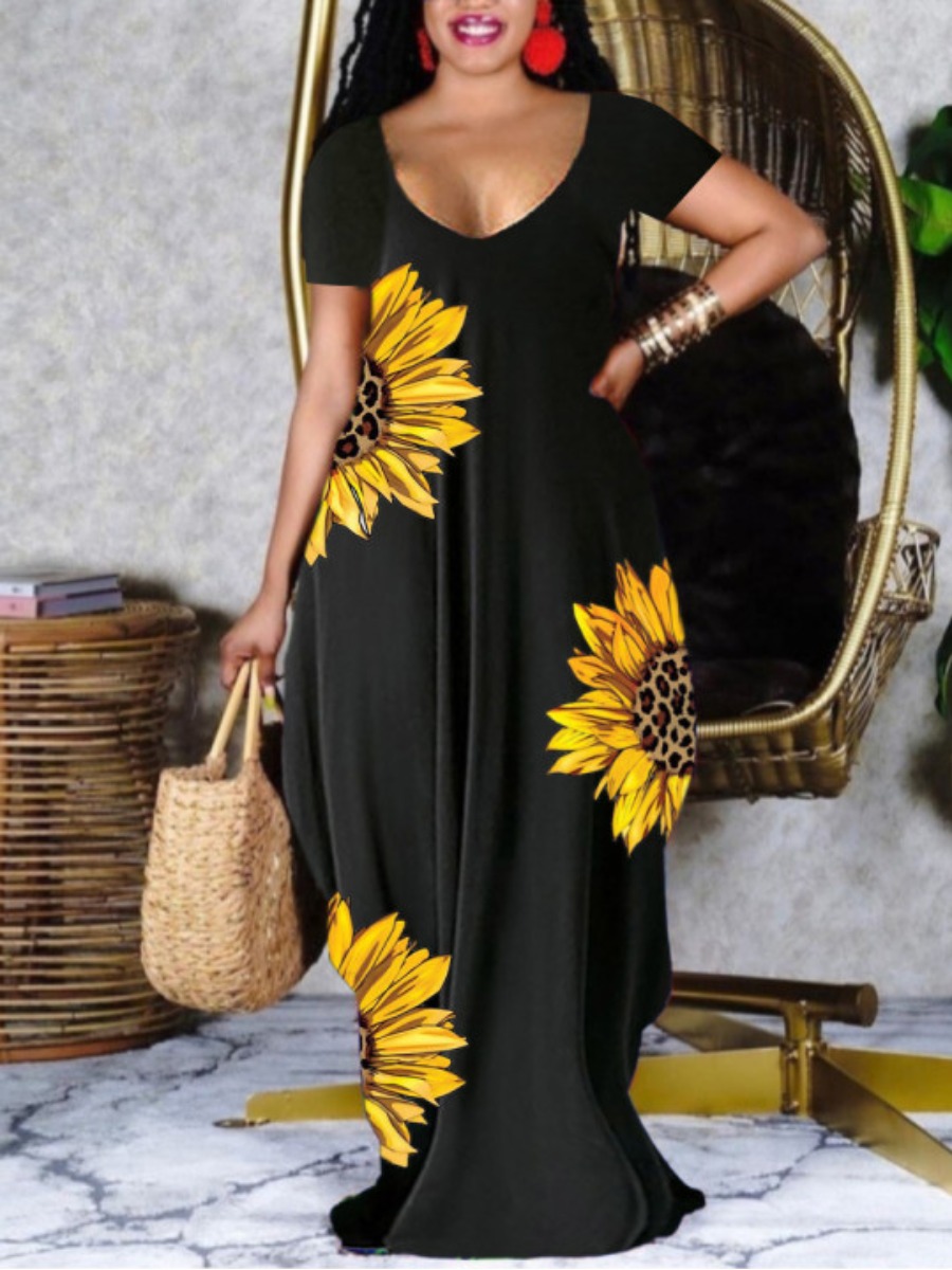LW Plus Size U Neck Sunflower Print Dress