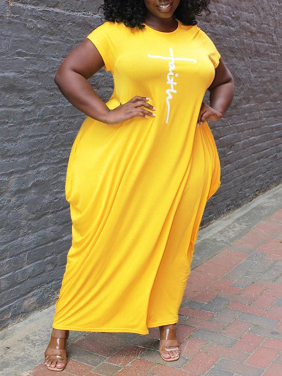 LovelyWholesale Plus Size Casual Letter Print Fold Design Yellow Ankle Length Dress Summer Short Sleeve Casual Pocket Design Spring Summer 2024