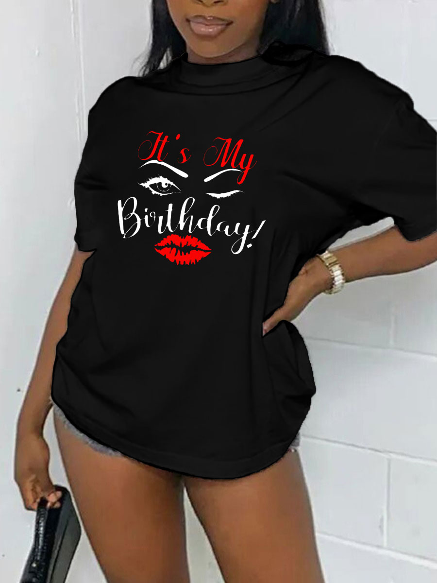 LovelyWholesale Lip Letter Print T-shirt Summer Short Sleeve Casual Basic Round Neck Spring Summer 2024