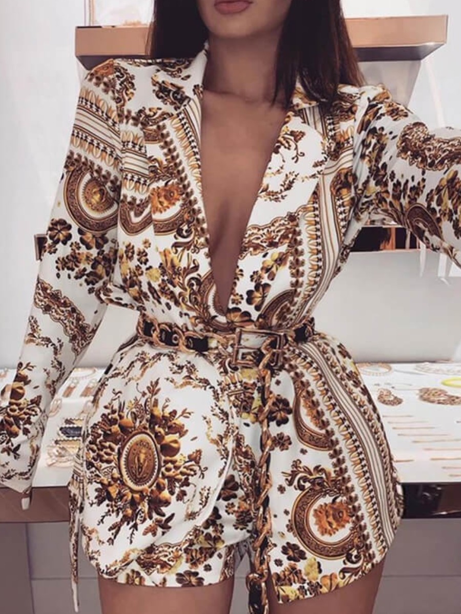 LW BASICS Chic V Neck Print Deep Yellow Two-piece Shorts Set