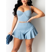 LW Flounce Design Nonelastic Baby Blue Denim Skirt