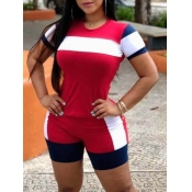 Lovely Leisure O Neck Patchwork Red Two-piece Shor