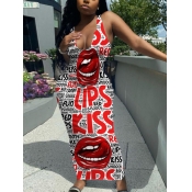 LW Street U Neck Lip Letter Print White Ankle Leng