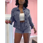 LW Trendy Striped Blue Two Piece Shorts Set