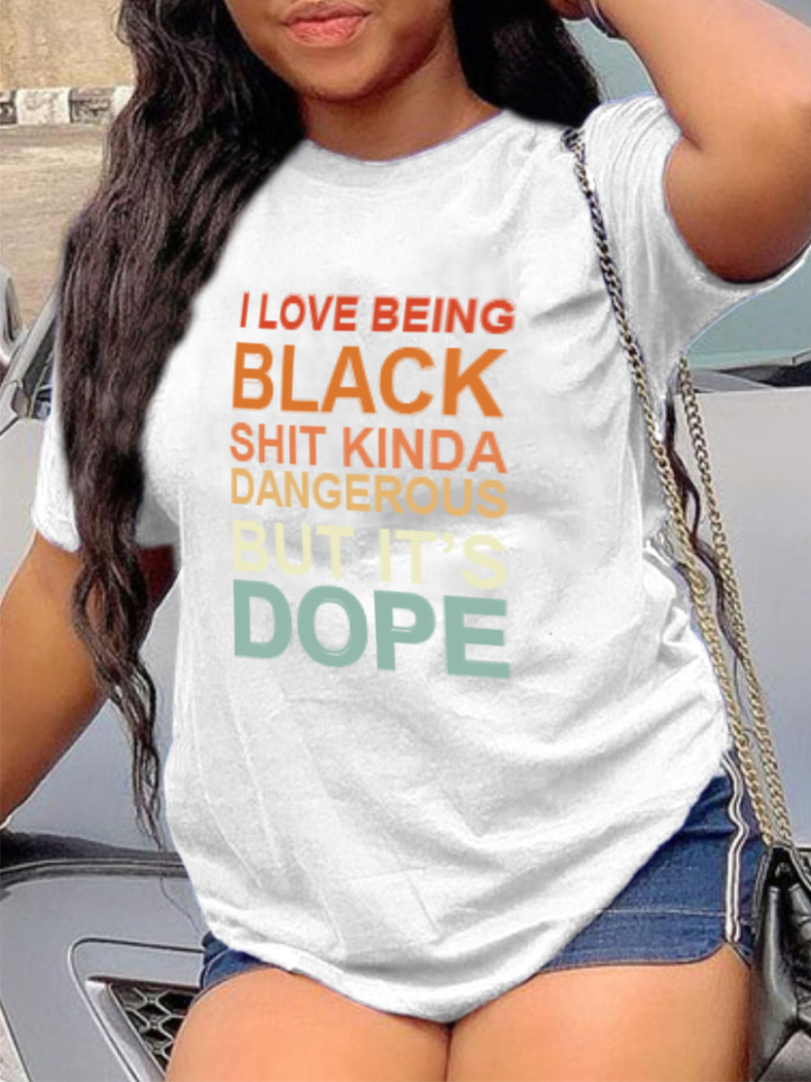 LW Casual Round Neck Letter Print White T-shirt